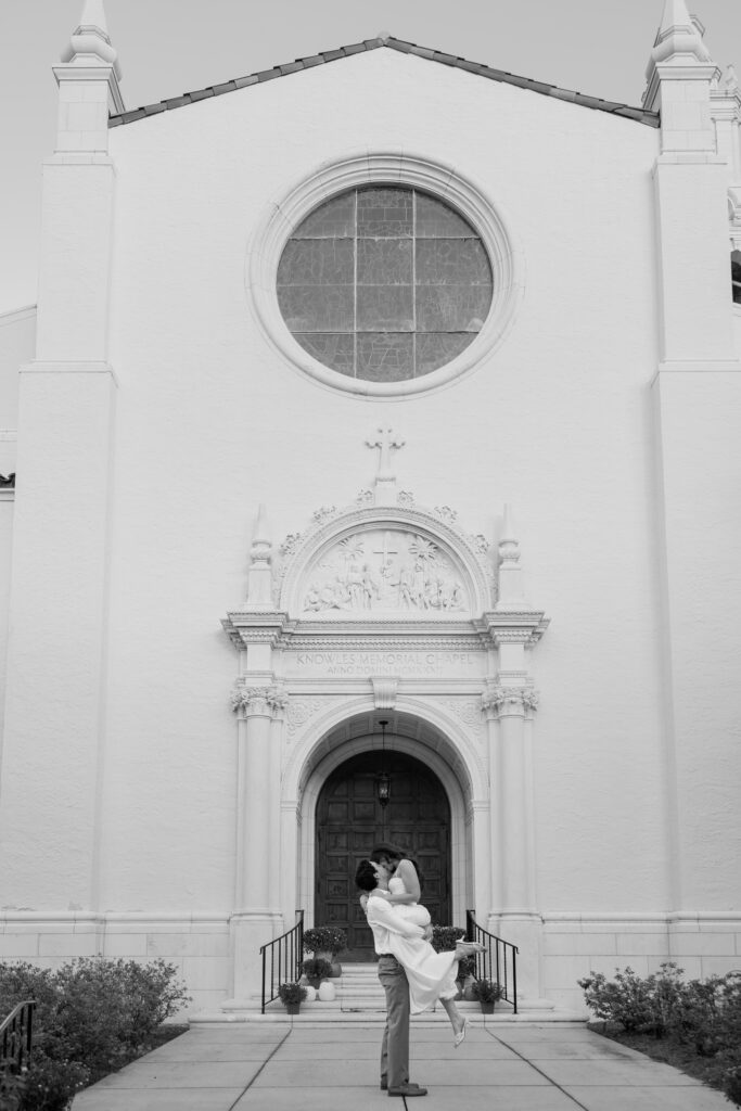 Engagement photos lakeside at  Rollins College with the sunset coming down captured by Florida wedding photographer, Angelika Krug Photo & Film. 