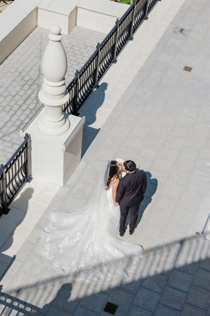 Aerial photo of a couple at their wedding at the Loews Coral Gables photographed by Angelika Krug Photo & Film a South Florida wedding photographer.